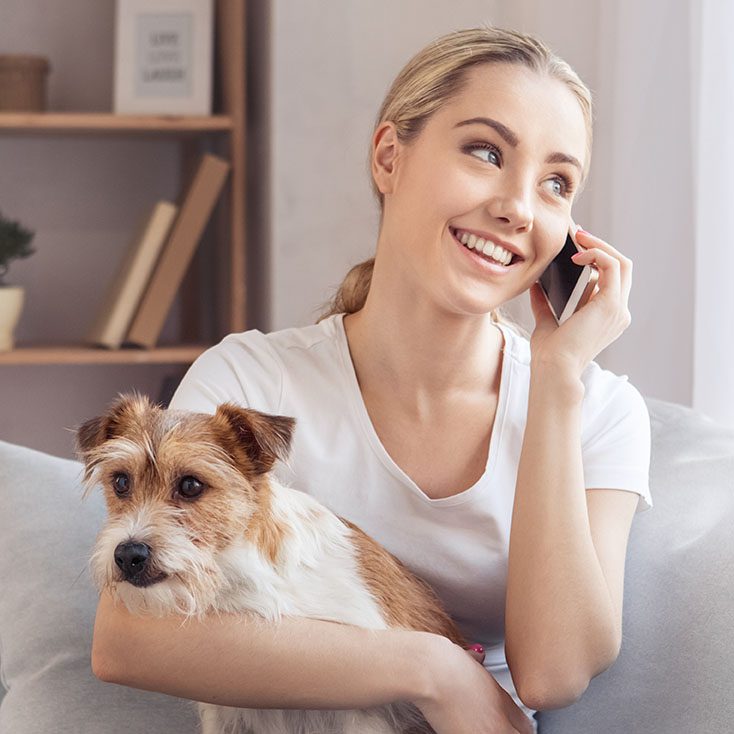woman with terrier on phone