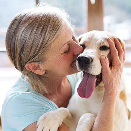 woman kisssing older dog